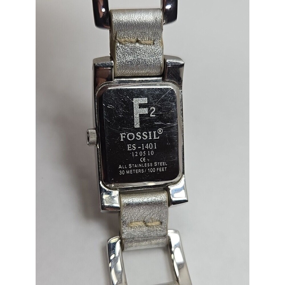 Fossil F2 ES1401 Womens Silver Link Leather Tank Watch New Battery Quartz Y2K - Picture 12 of 12
